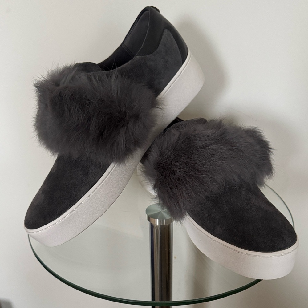 Michael Kors Women's Gray Rabbit Fur-Trimmed Platform Sneakers